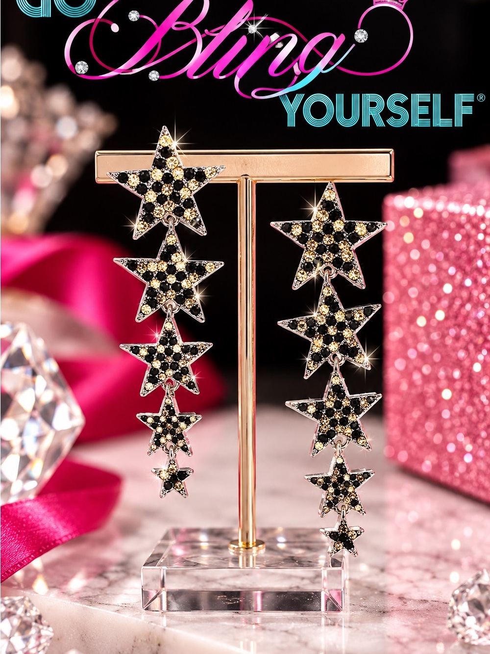 Gold-Tone Black Crystal Star Cascade Earrings